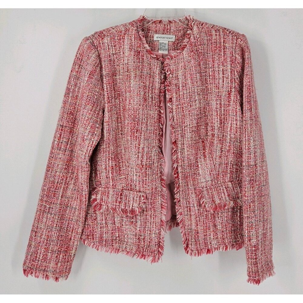 Newport News Sz 10 Vtg Pink Tweed Fring Crop Lined Blazer Jacket Padded Shoulder